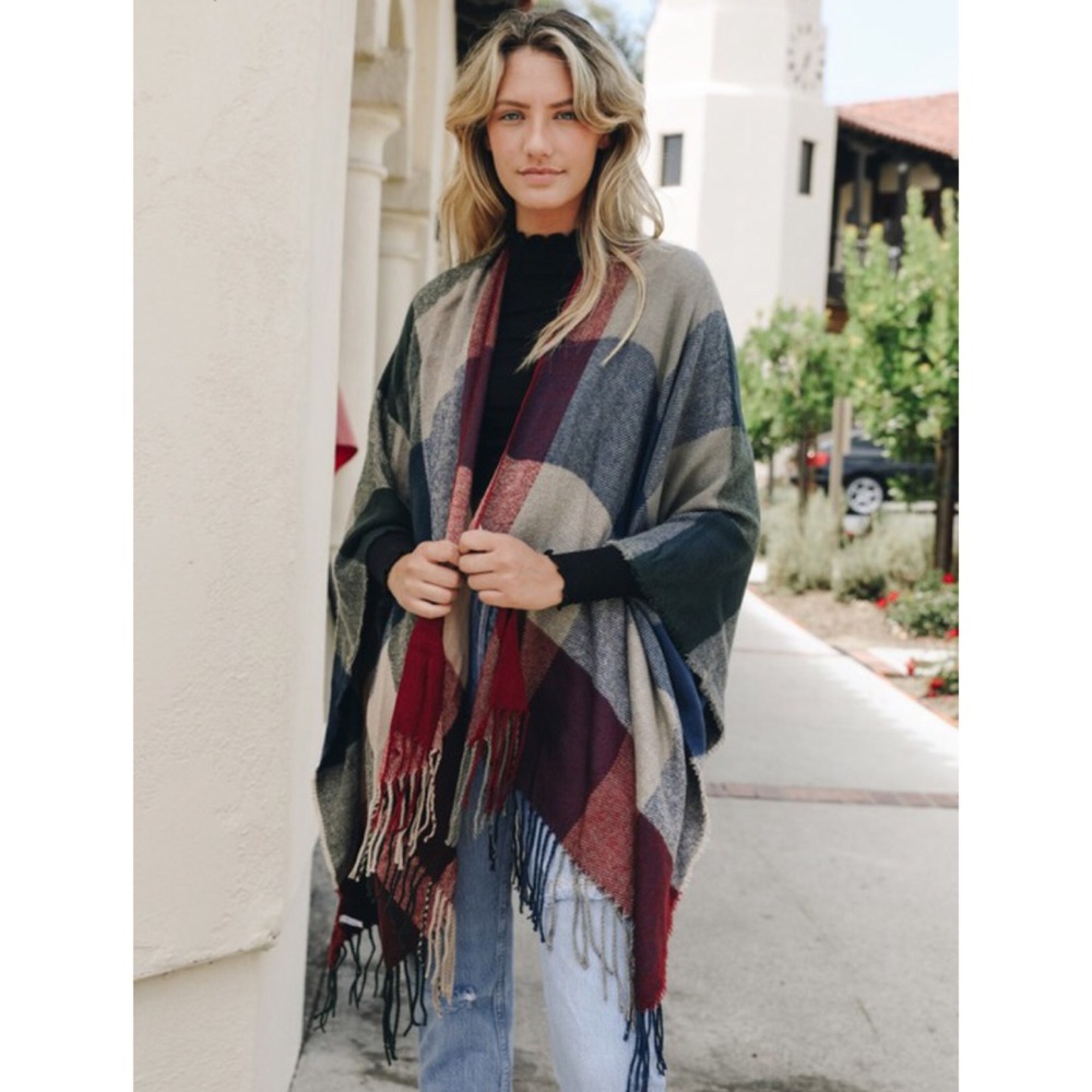 NWT Check Ruana With Tassel Trim
